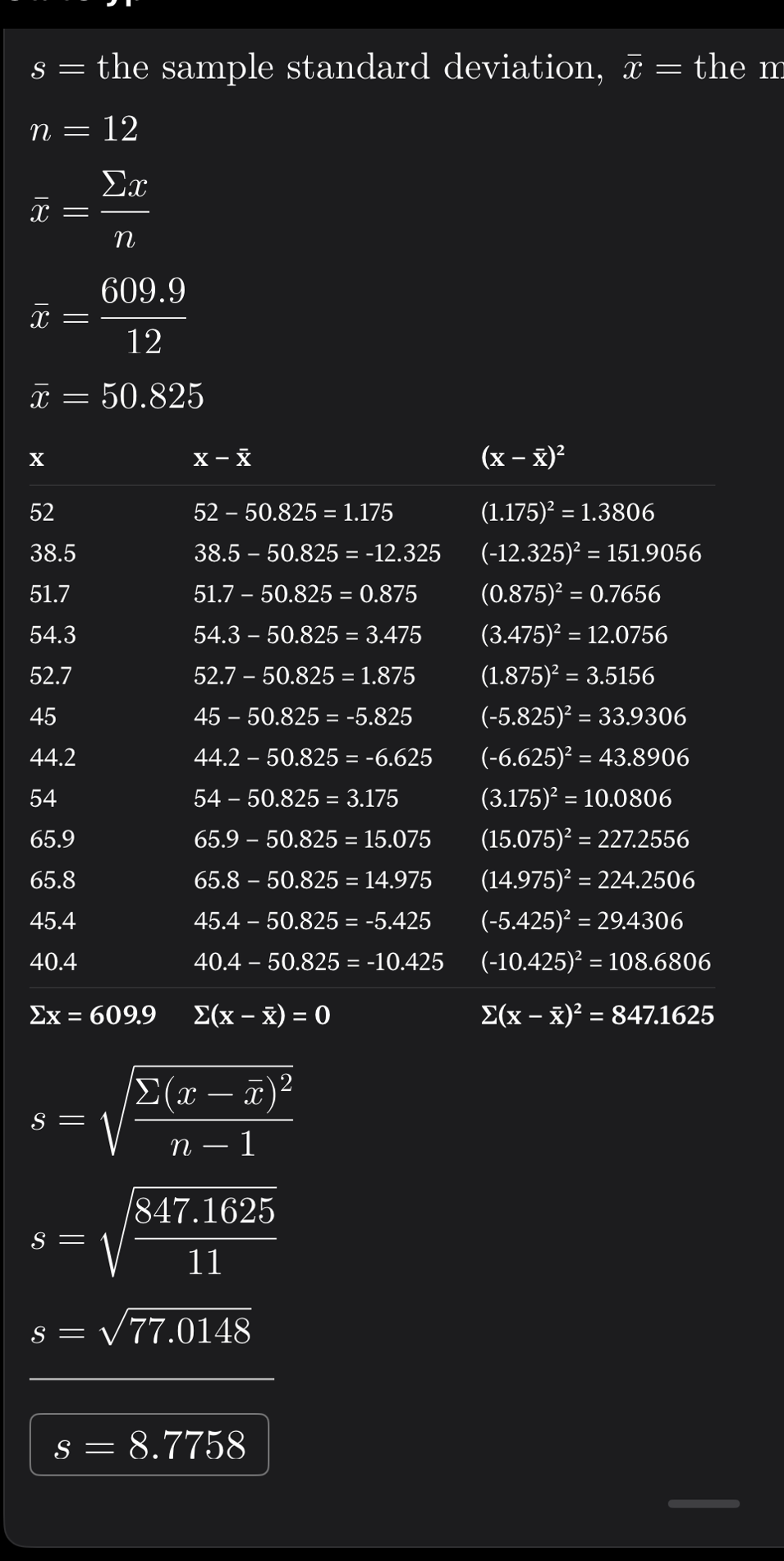 A StatGlyph worked card computing a sample standard deviation: the mean as a fraction, a full table of deviations and squared deviations for twelve values, the substituted formula, and the boxed answer s = 8.7758