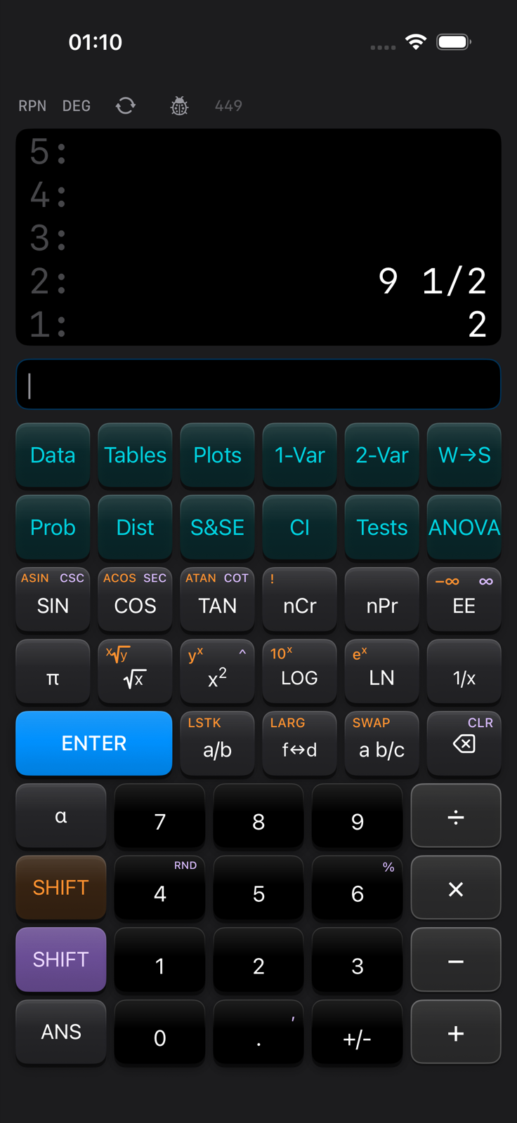 StatGlyph on iPhone: the scientific keypad with a mixed number, nine and one half, on the stack