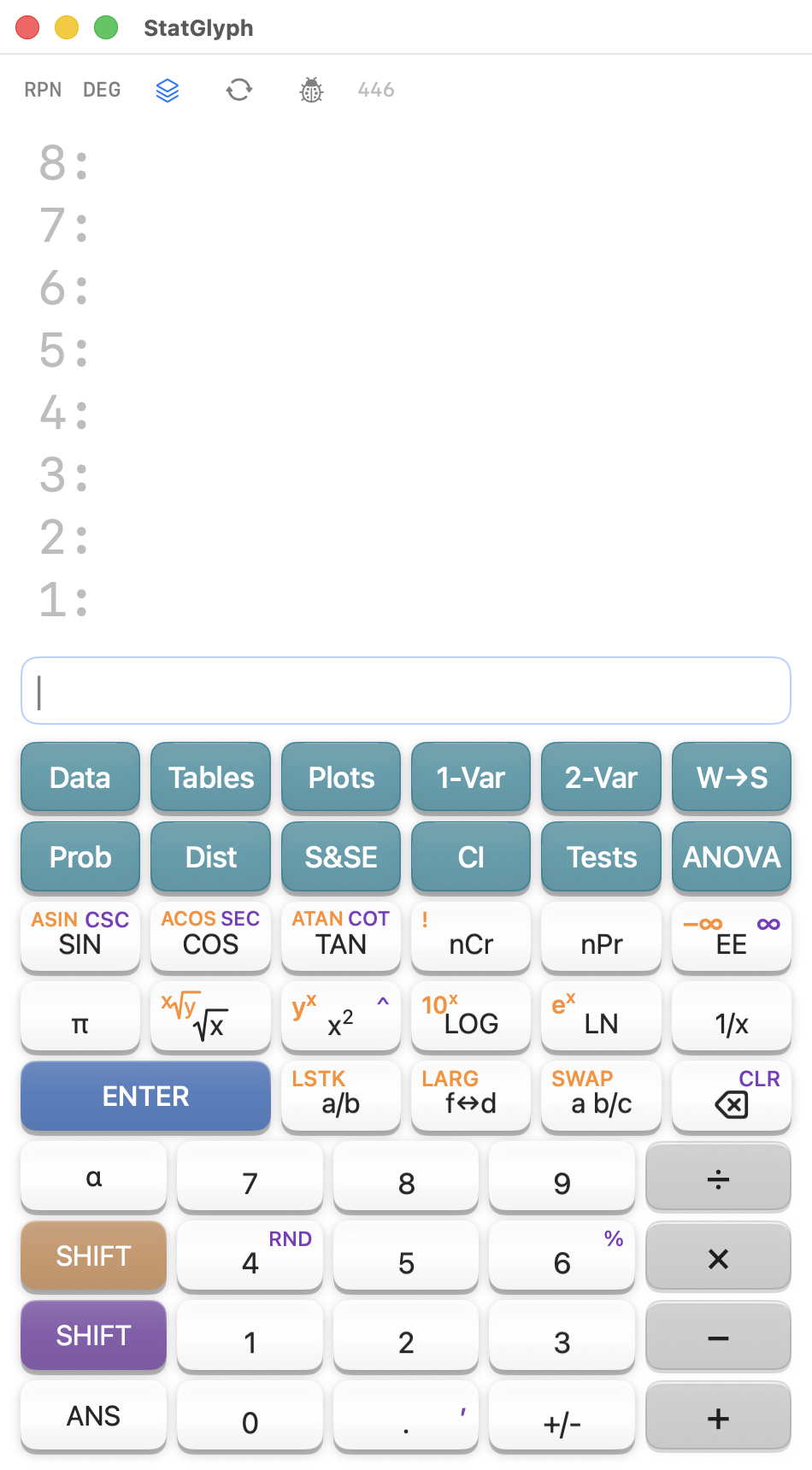 StatGlyph running as a native Mac window in light mode, showing the full scientific statistics keypad